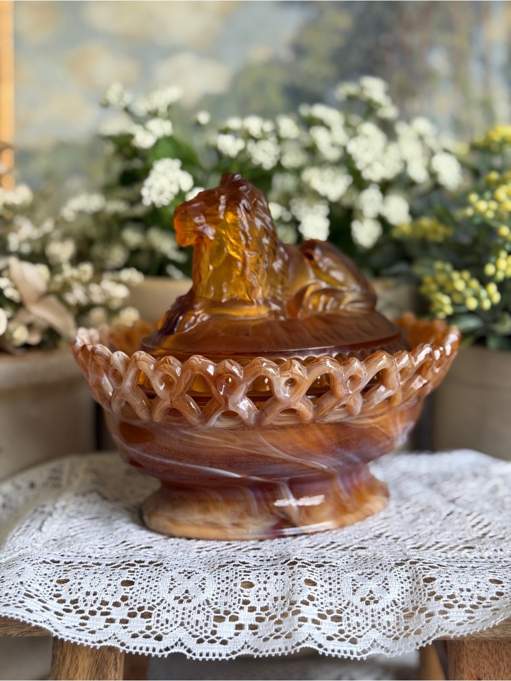 Imperial Glass Amber Slag Lion on Nest